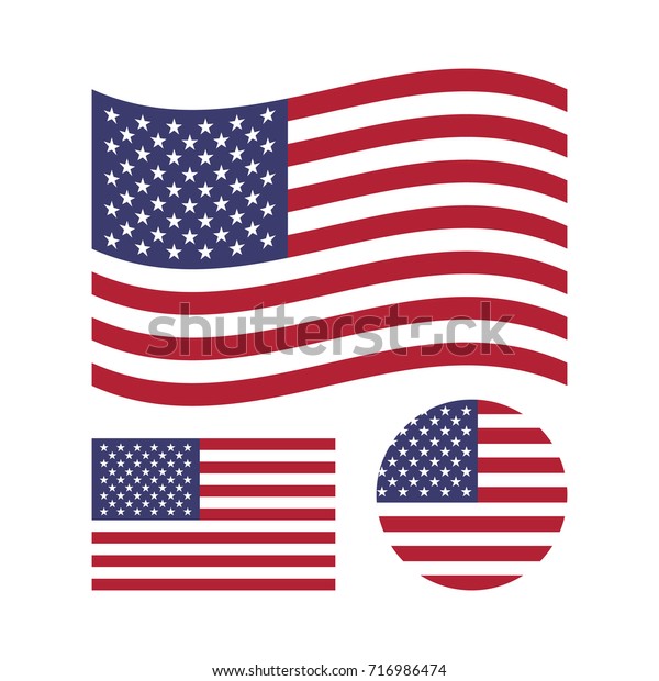 米国の国旗セット なびく長方形の米国国旗 米国の国のシンボル 白い背景にベクター画像アイコン のベクター画像素材 ロイヤリティフリー