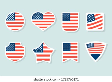 American flag set vector stickers. Different American waving flags illustration.