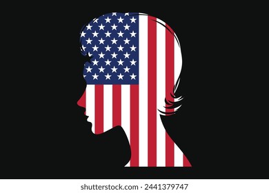 American flag and American girl’s shape, American face, American flag, usa, united states, silhouette vector