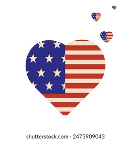 American Flag in shape of Heart isolated transparent background. Flag of USA in simple Flat style on white backdrop. Patriotic vector symbol can used t-shirt print, greeting card cover design.