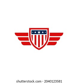 American flag shield emblem wings logo design