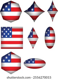 The American flag is shown in different geometric shapes