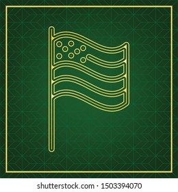 American flag sign. Golden icon with gold contour at dark green gridded white background. Illustration.