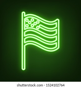 American flag sign. Green neon icon in the dark. Blurred lightening. Illustration.
