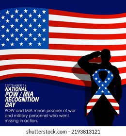 American flag and silhouette of a person saluting flag with ribbon decorated with American flag and bold text on dark blue background to commemorate National POW MIA Recognition Day on September 16