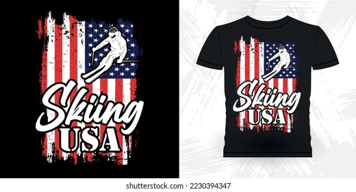 American Flag Ski Lover Funny Skiing Sport Retro Vintage Ski T-Shirt Design