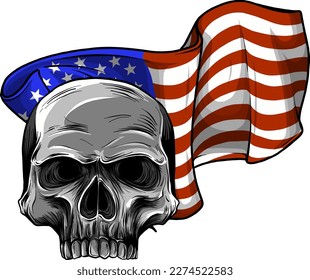 Bandera estadounidense con diseño de ilustración de vector de cráneo