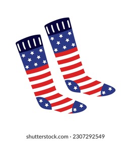 American flag socks. Bright warm stockings with stars, stripes. Patriotic clothing for USA national holidays. Knitted accessory isolated on white. Flat cartoon clipart for posters, print, logo, web
