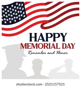 American flag with soldier silhouette. American national holiday. Memorial Day concept. Flat vector illustration.