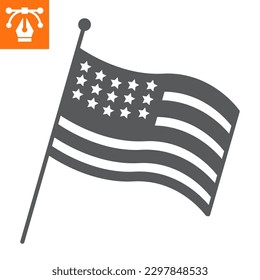 Icono sólido de bandera estadounidense, icono de estilo de glifo para sitio web o aplicación móvil, día y símbolo de independencia, icono vectorial de bandera estadounidense, ilustración vectorial simple, gráficos vectoriales con trazos editables.