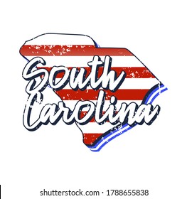 American flag in south carolina state map. Vector grunge style with Typography hand drawn lettering south carolina on map shaped old grunge vintage American national flag isolated on white background