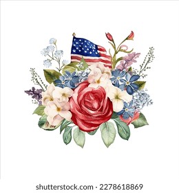 American flag with spring flowers. USA independence day. 4th of July. watercolor vector for sublimation, tshirt, mug, pillow, tumbler, print