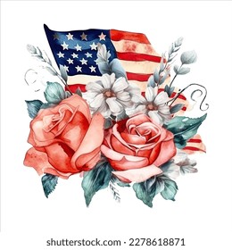 American flag with spring flowers. USA independence day. 4th of July. watercolor vector for sublimation, tshirt, mug, pillow, tumbler, print