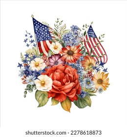 American flag with spring flowers. USA independence day. 4th of July. watercolor vector for sublimation, tshirt, mug, pillow, tumbler, print