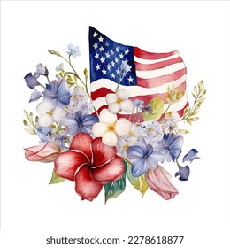 American flag with spring flowers. USA independence day. 4th of July. watercolor vector for sublimation, tshirt, mug, pillow, tumbler, print