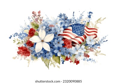 American flag with spring flowers. USA independence day. 4th of July. watercolor vector for sublimation, tshirt, mug, pillow, tumbler, print