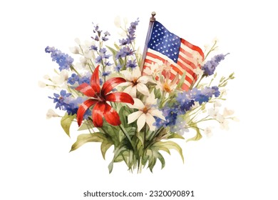 American flag with spring flowers. USA independence day. 4th of July. watercolor vector for sublimation, tshirt, mug, pillow, tumbler, print