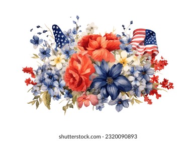 American flag with spring flowers. USA independence day. 4th of July. watercolor vector for sublimation, tshirt, mug, pillow, tumbler, print