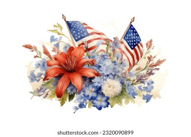 American flag with spring flowers. USA independence day. 4th of July. watercolor vector for sublimation, tshirt, mug, pillow, tumbler, print