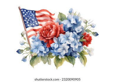 American flag with spring flowers. USA independence day. 4th of July. watercolor vector for sublimation, tshirt, mug, pillow, tumbler, print