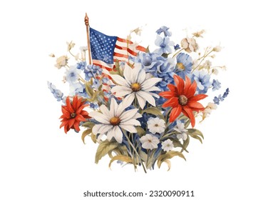 Bandera estadounidense con flores de primavera. Día de la Independencia de Estados Unidos. 4 de julio. vector acuarela para sublimación, camiseta, taza, almohada, tumbler, impresión