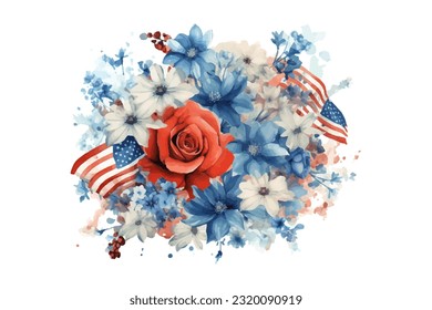 American flag with spring flowers. USA independence day. 4th of July. watercolor vector for sublimation, tshirt, mug, pillow, tumbler, print