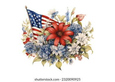 American flag with spring flowers. USA independence day. 4th of July. watercolor vector for sublimation, tshirt, mug, pillow, tumbler, print