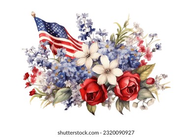 American flag with spring flowers. USA independence day. 4th of July. watercolor vector for sublimation, tshirt, mug, pillow, tumbler, print