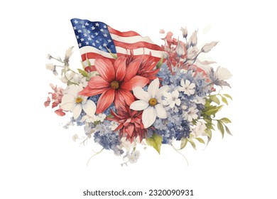 American flag with spring flowers. USA independence day. 4th of July. watercolor vector for sublimation, tshirt, mug, pillow, tumbler, print