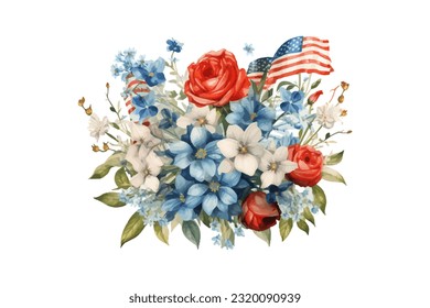 American flag with spring flowers. USA independence day. 4th of July. watercolor vector for sublimation, tshirt, mug, pillow, tumbler, print