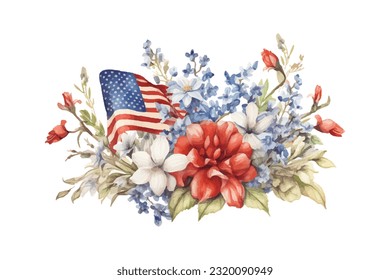 American flag with spring flowers. USA independence day. 4th of July. watercolor vector for sublimation, tshirt, mug, pillow, tumbler, print