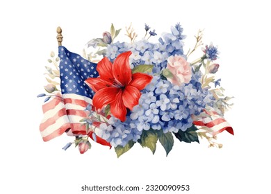 Bandera estadounidense con flores de primavera. Día de la Independencia de Estados Unidos. 4 de julio. vector acuarela para sublimación, camiseta, taza, almohada, tumbler, impresión