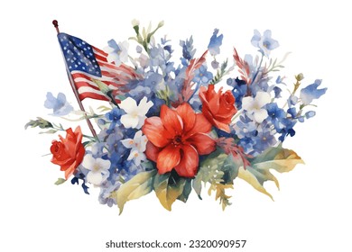 American flag with spring flowers. USA independence day. 4th of July. watercolor vector for sublimation, tshirt, mug, pillow, tumbler, print