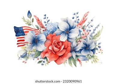 American flag with spring flowers. USA independence day. 4th of July. watercolor vector for sublimation, tshirt, mug, pillow, tumbler, print