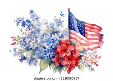 American flag with spring flowers. USA independence day. 4th of July. watercolor vector for sublimation, tshirt, mug, pillow, tumbler, print