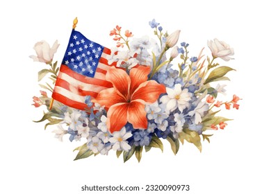 American flag with spring flowers. USA independence day. 4th of July. watercolor vector for sublimation, tshirt, mug, pillow, tumbler, print