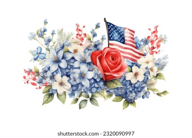 American flag with spring flowers. USA independence day. 4th of July. watercolor vector for sublimation, tshirt, mug, pillow, tumbler, print