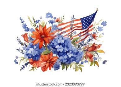 American flag with spring flowers. USA independence day. 4th of July. watercolor vector for sublimation, tshirt, mug, pillow, tumbler, print