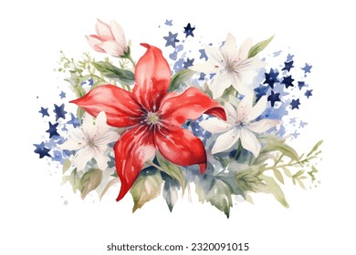 American flag with spring flowers. USA independence day. 4th of July. watercolor vector for sublimation, tshirt, mug, pillow, tumbler, print