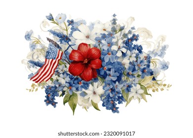 American flag with spring flowers. USA independence day. 4th of July. watercolor vector for sublimation, tshirt, mug, pillow, tumbler, print