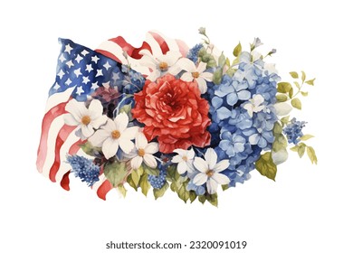 American flag with spring flowers. USA independence day. 4th of July. watercolor vector for sublimation, tshirt, mug, pillow, tumbler, print