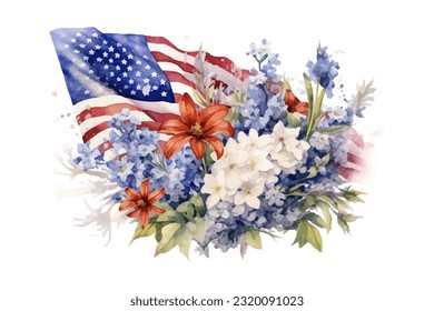 American flag with spring flowers. USA independence day. 4th of July. watercolor vector for sublimation, tshirt, mug, pillow, tumbler, print