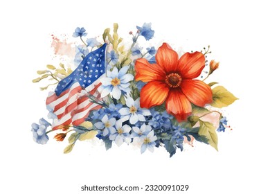 American flag with spring flowers. USA independence day. 4th of July. watercolor vector for sublimation, tshirt, mug, pillow, tumbler, print