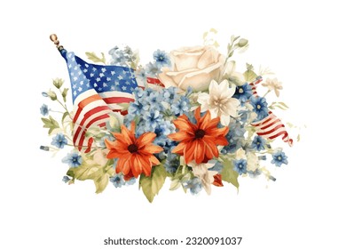 Bandera estadounidense con flores de primavera. Día de la Independencia de Estados Unidos. 4 de julio. vector acuarela para sublimación, camiseta, taza, almohada, tumbler, impresión