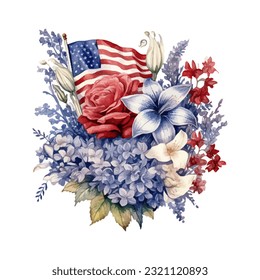 American flag with spring flowers. USA independence day. 4th of July. watercolor vector for sublimation, tshirt, mug, pillow, tumbler, print