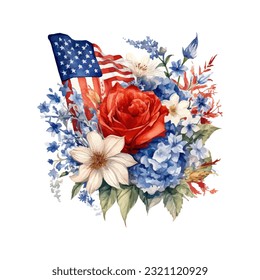 American flag with spring flowers. USA independence day. 4th of July. watercolor vector for sublimation, tshirt, mug, pillow, tumbler, print