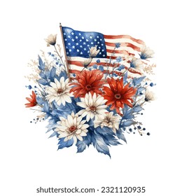 Bandera estadounidense con flores de primavera. Día de la Independencia de Estados Unidos. 4 de julio. vector acuarela para sublimación, camiseta, taza, almohada, tumbler, impresión