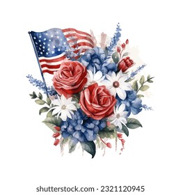 American flag with spring flowers. USA independence day. 4th of July. watercolor vector for sublimation, tshirt, mug, pillow, tumbler, print