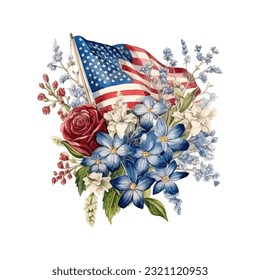 American flag with spring flowers. USA independence day. 4th of July. watercolor vector for sublimation, tshirt, mug, pillow, tumbler, print