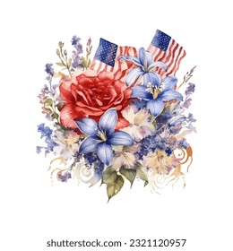 American flag with spring flowers. USA independence day. 4th of July. watercolor vector for sublimation, tshirt, mug, pillow, tumbler, print